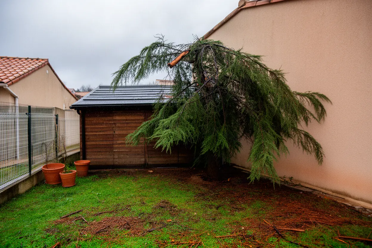 Branche de cèdre rompue sur abri à Juvignac