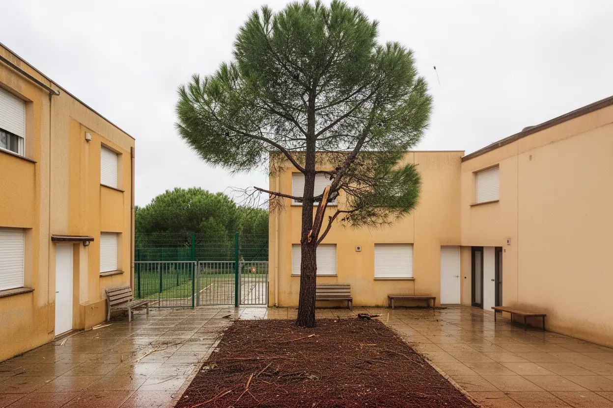 Pin fissuré menaçant une cour à Montpellier