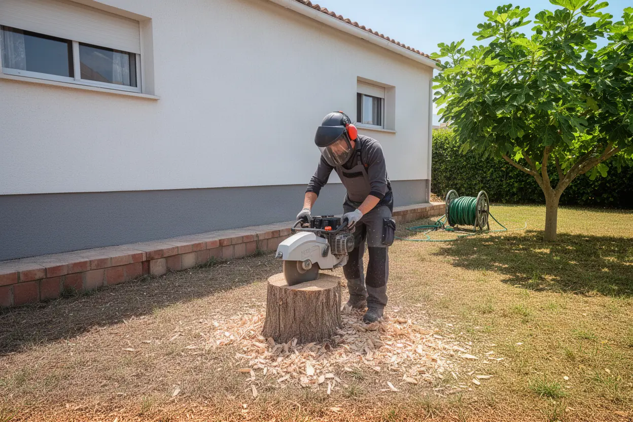 Rognage mécanique d'une souche dans jardin à Montpellier