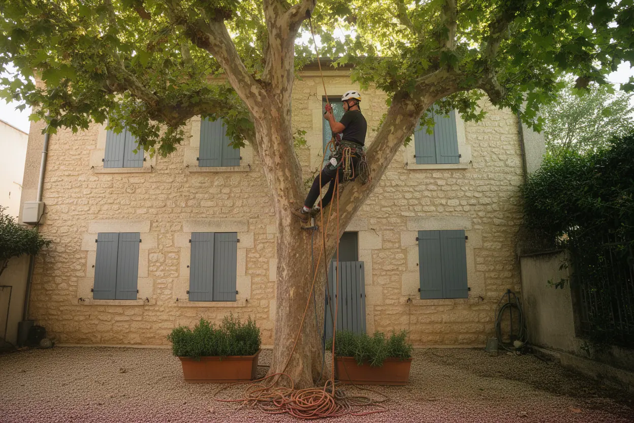 Arboriste grimpeur sécurisé dans un pin à Lattes