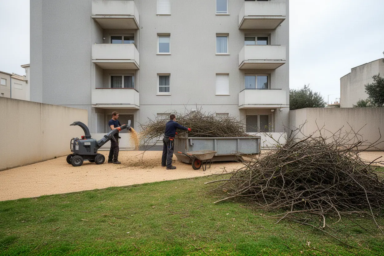 Équipe ramassant des branches après élagage à Lattes